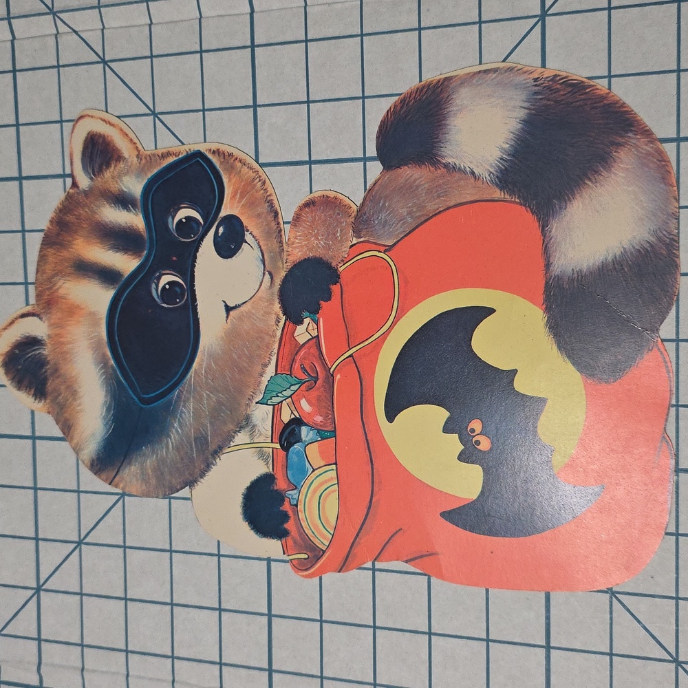 Vintage Halloween Die‎ Cut Decoration Raccoon Mask & Candy Bag 13" Double Sided - Picture 2 of 9